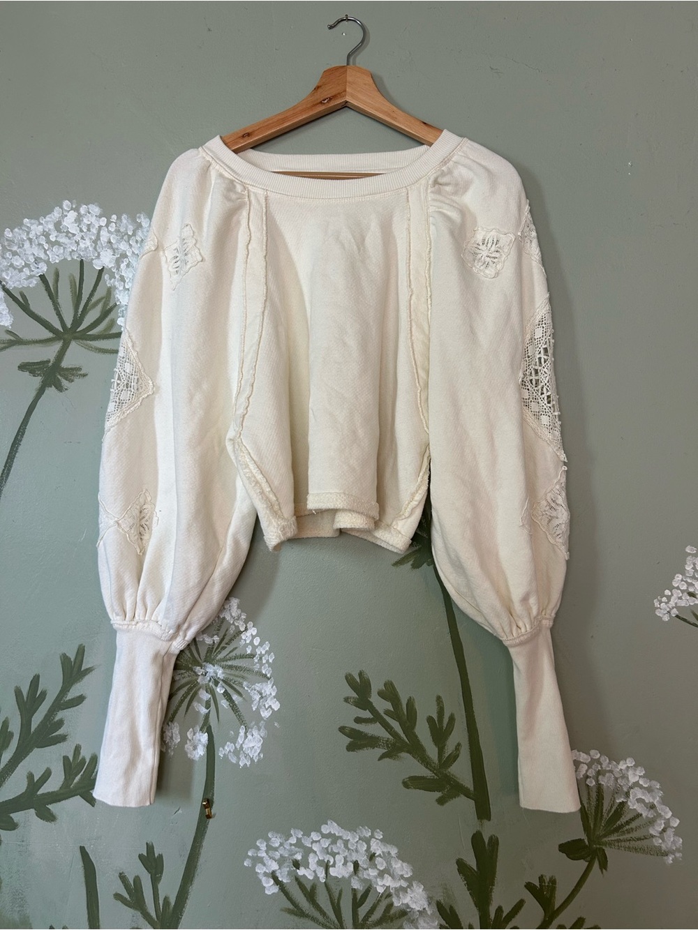 Free People Cream Long-Sleeve Lace-Inset Pullover Top